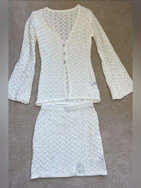 Women's Ivory Crochet Knit Skirt Set - Ivory